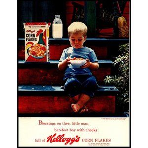 1963 Kellogg's Corn Flakes Vintage Print Ad Little Boy Front Porch Steps Photo